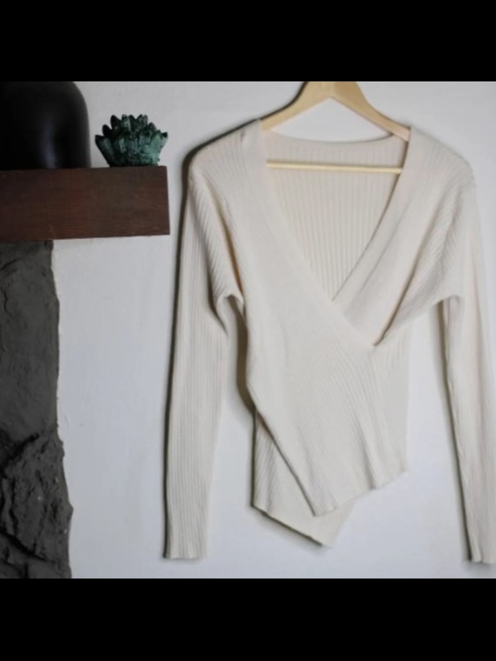 Women's Cream Ribbed Wrap Top